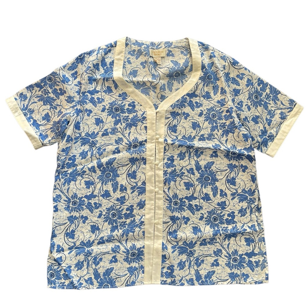 Vtg READ Victoria's Secret LARGE Satin Lingerie Top Blue White Floral Button Up